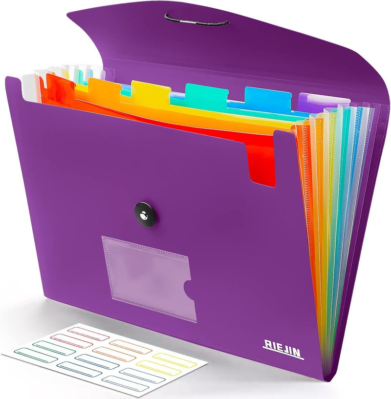 RIEJIN Accordian File Organizer 7 Pocket Expanding File Folder with Labels, Plastic Expandable File Folder for Documents Letter Size A4 Papers - Purple - Image 1